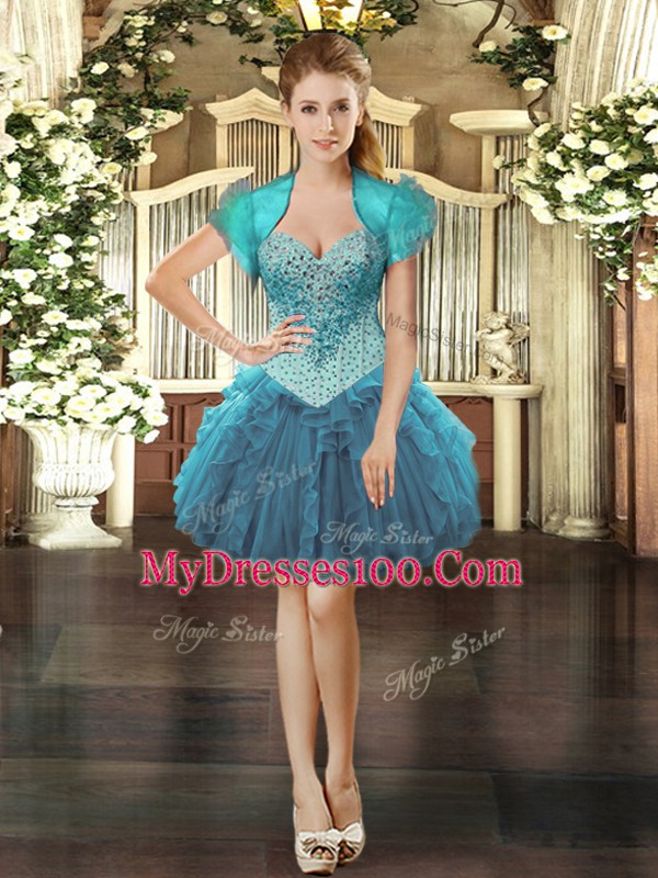 Exquisite Mini Length Teal Juniors Party Dress Organza Sleeveless Beading and Ruffles
