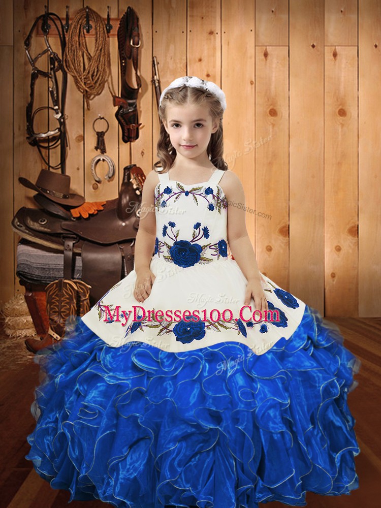 Blue Ball Gowns Straps Sleeveless Organza Floor Length Lace Up Embroidery and Ruffles Kids Pageant Dress