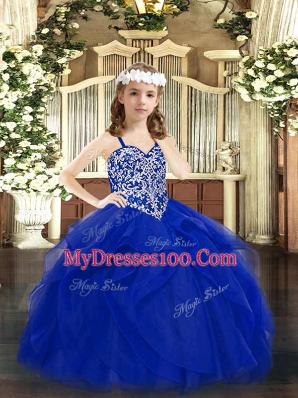 Stunning Beading and Ruffles Little Girls Pageant Dress Royal Blue Lace Up Sleeveless Floor Length