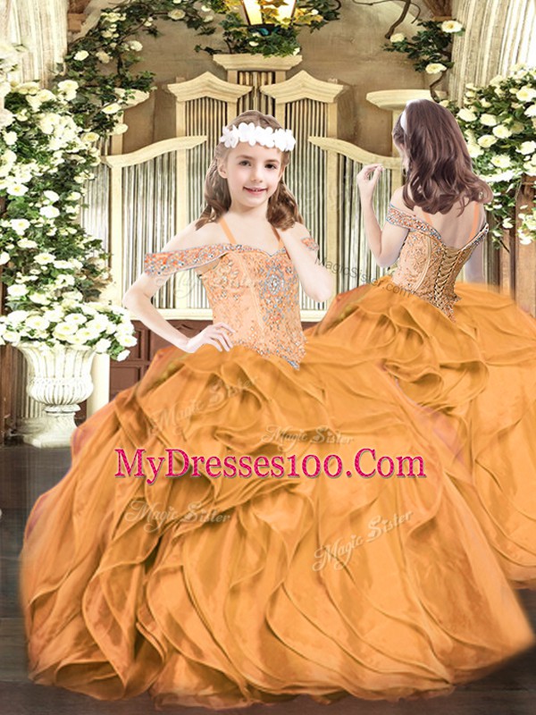 Orange Red Ball Gowns Beading and Ruffles Pageant Dress for Womens Lace Up Organza Sleeveless Floor Length