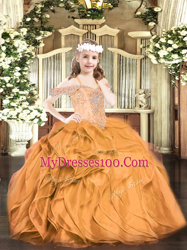 Orange Red Ball Gowns Beading and Ruffles Pageant Dress for Womens Lace Up Organza Sleeveless Floor Length