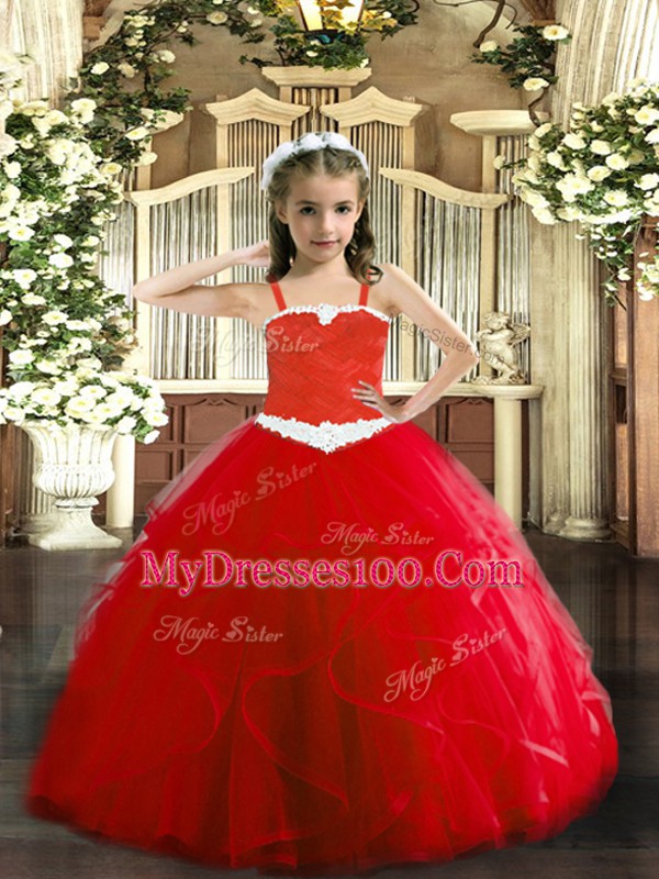Exquisite Red Sleeveless Tulle Lace Up Little Girls Pageant Dress Wholesale for Party and Quinceanera