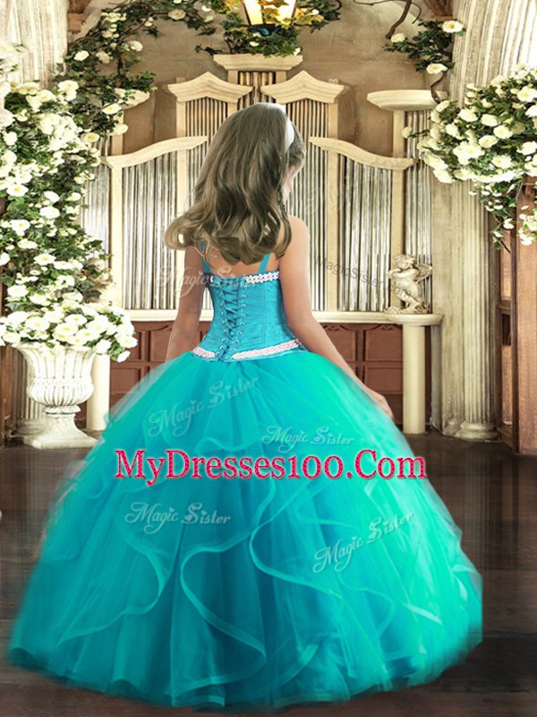 Exquisite Red Sleeveless Tulle Lace Up Little Girls Pageant Dress Wholesale for Party and Quinceanera