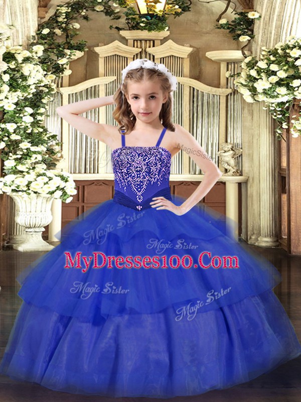 Floor Length Ball Gowns Sleeveless Royal Blue Little Girl Pageant Dress Lace Up