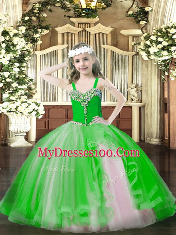 Classical Green Ball Gowns Straps Sleeveless Tulle Floor Length Lace Up Beading Little Girl Pageant Dress