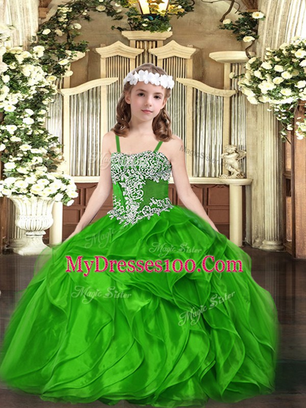 Green Ball Gowns Appliques and Ruffles High School Pageant Dress Lace Up Organza Sleeveless Floor Length