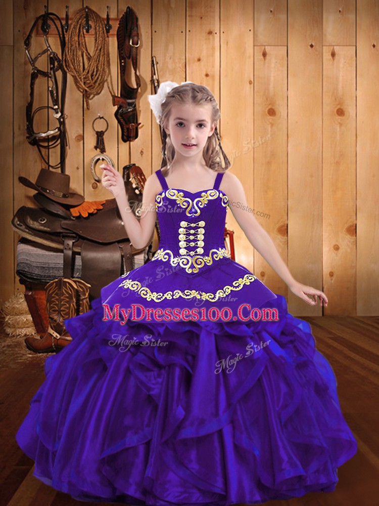 Trendy Purple Little Girls Pageant Dress Party and Sweet 16 and Quinceanera and Wedding Party with Embroidery and Ruffles Straps Sleeveless Lace Up