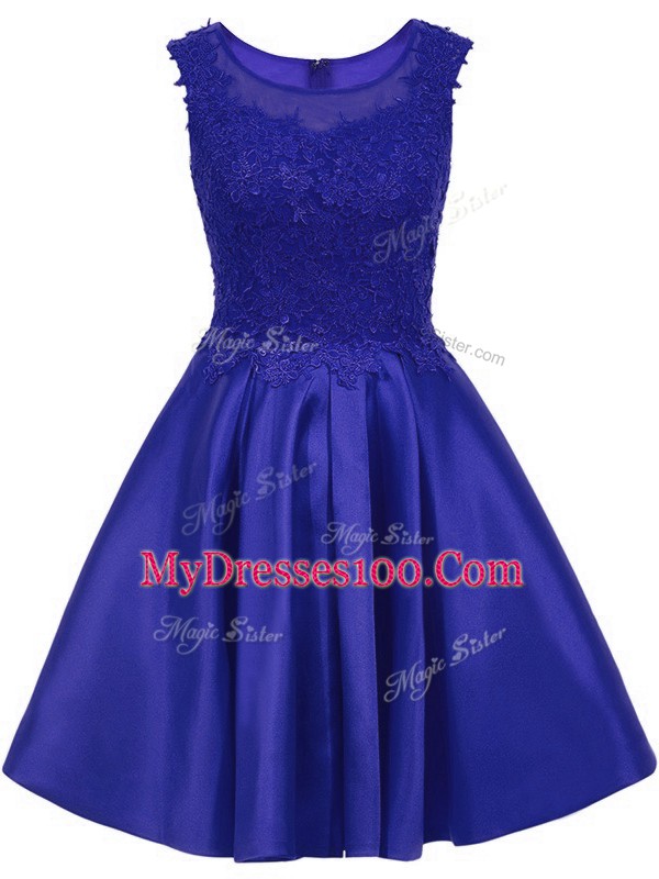 Mini Length Blue Vestidos de Damas Satin Sleeveless Lace