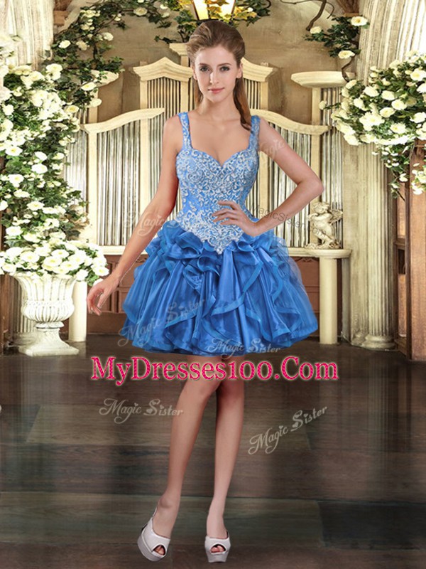 Blue Sleeveless Organza Lace Up Prom Evening Gown for Prom and Party