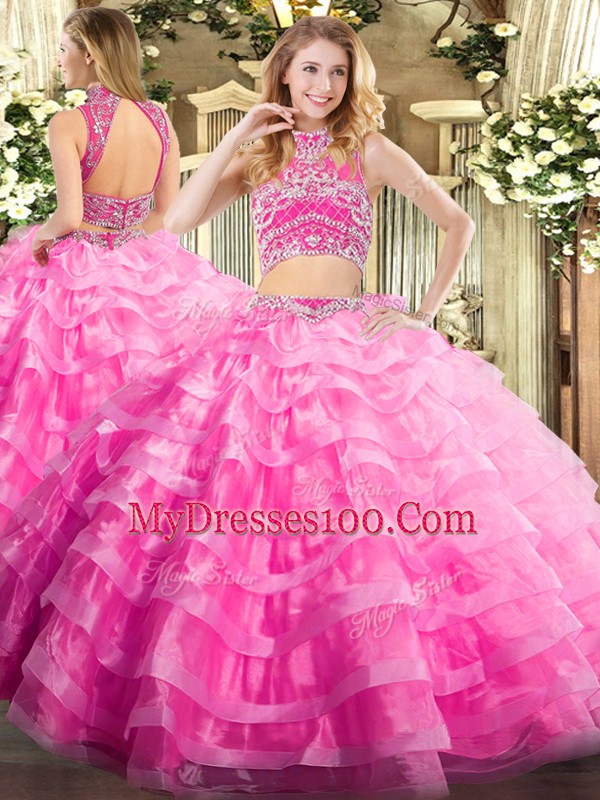 Best Tulle High-neck Sleeveless Backless Beading and Ruffled Layers Vestidos de Quinceanera in Rose Pink