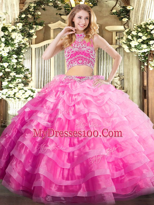 Best Tulle High-neck Sleeveless Backless Beading and Ruffled Layers Vestidos de Quinceanera in Rose Pink