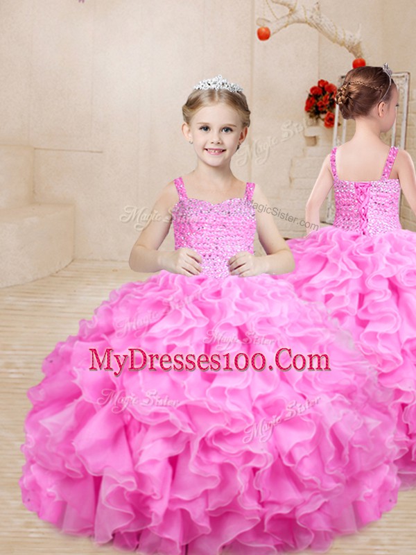 Great Rose Pink Organza Lace Up Straps Sleeveless Floor Length Pageant Dress for Girls Beading and Ruffles