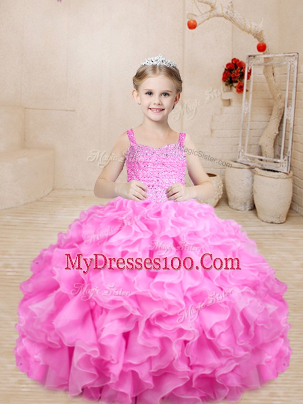 Great Rose Pink Organza Lace Up Straps Sleeveless Floor Length Pageant Dress for Girls Beading and Ruffles