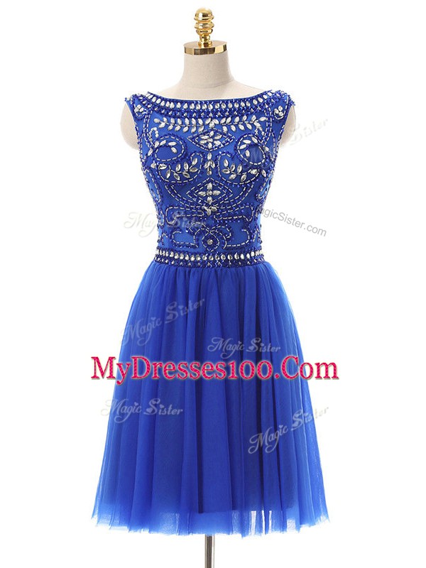 Royal Blue Empire Bateau Sleeveless Tulle Mini Length Zipper Beading Dress for Prom