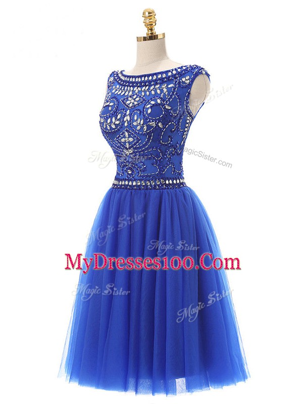 Royal Blue Empire Bateau Sleeveless Tulle Mini Length Zipper Beading Dress for Prom