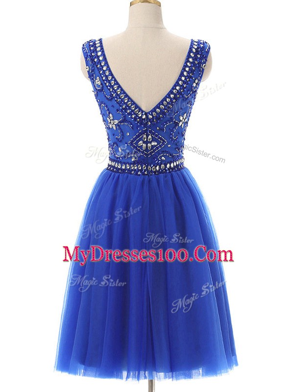Royal Blue Empire Bateau Sleeveless Tulle Mini Length Zipper Beading Dress for Prom