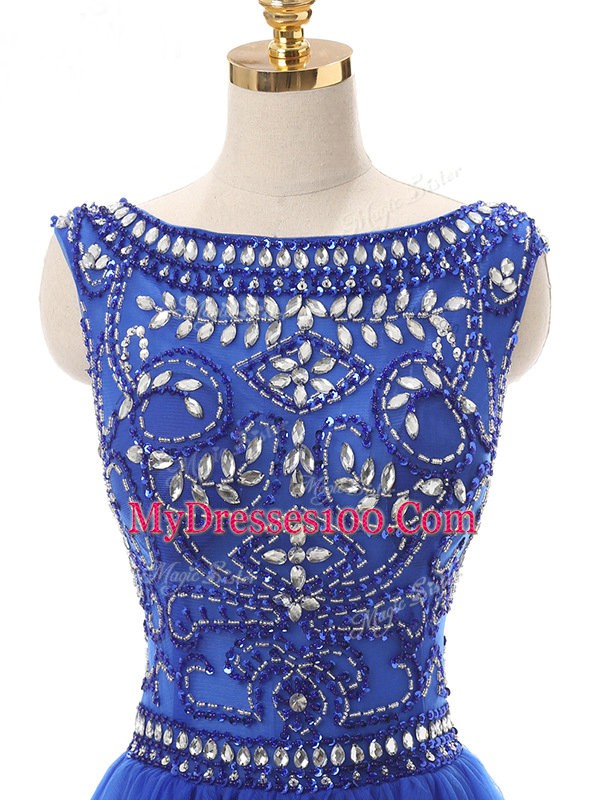 Royal Blue Empire Bateau Sleeveless Tulle Mini Length Zipper Beading Dress for Prom
