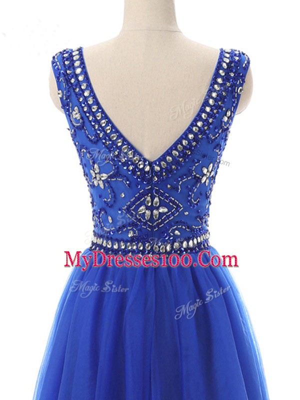 Royal Blue Empire Bateau Sleeveless Tulle Mini Length Zipper Beading Dress for Prom