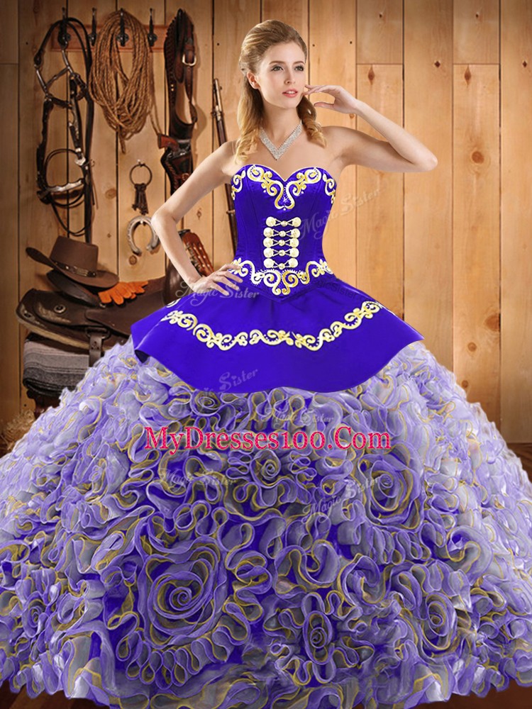 Admirable Sleeveless With Train Embroidery Lace Up Quinceanera Dress with Multi-color Sweep Train