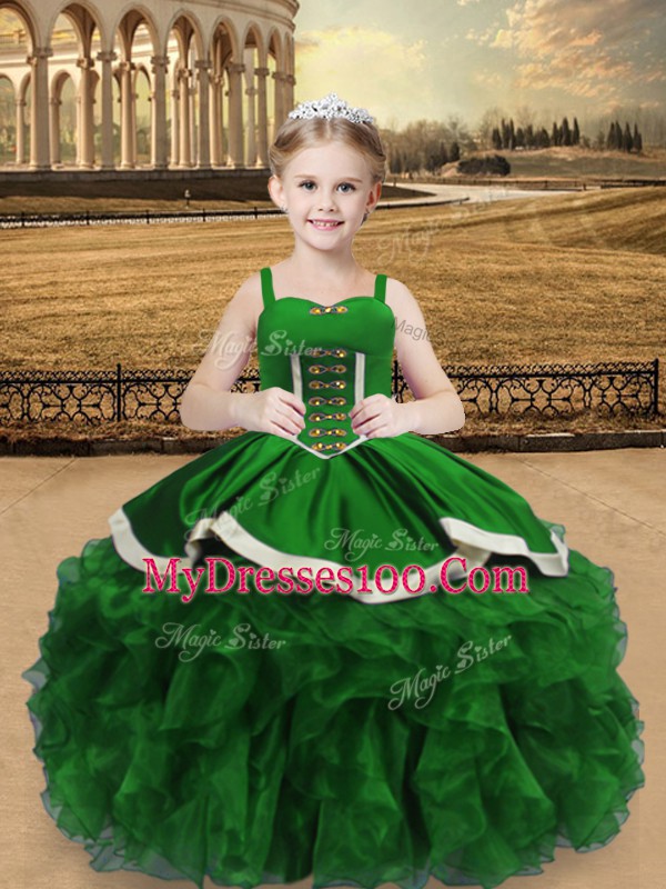 Green Lace Up Little Girls Pageant Dress Beading and Ruffles Sleeveless Floor Length