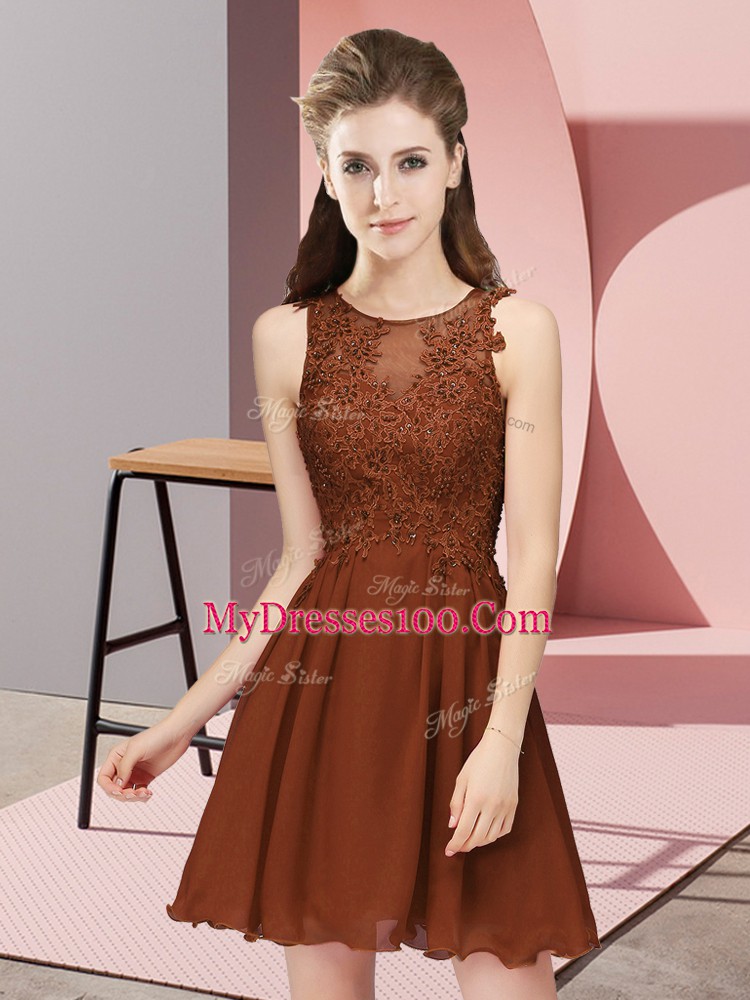 Brown Scoop Neckline Appliques Quinceanera Court of Honor Dress Sleeveless Zipper