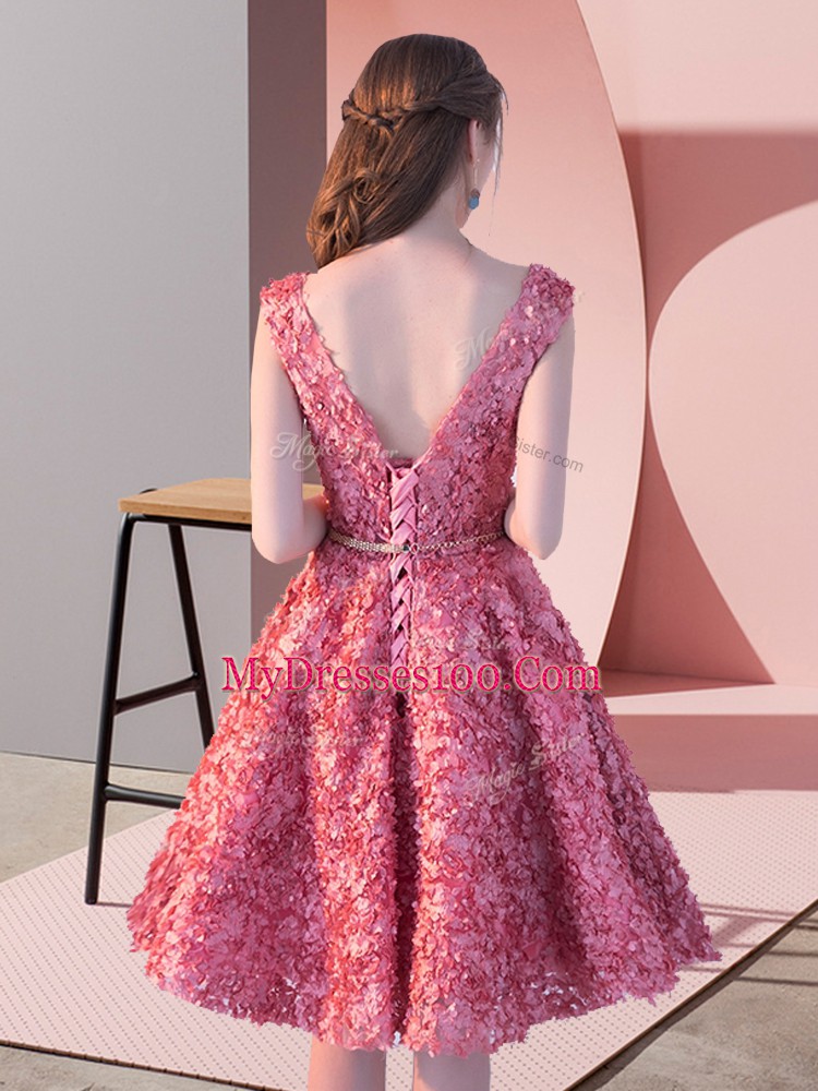 Lace Scoop Sleeveless Lace Up Belt Prom Homecoming Dress in