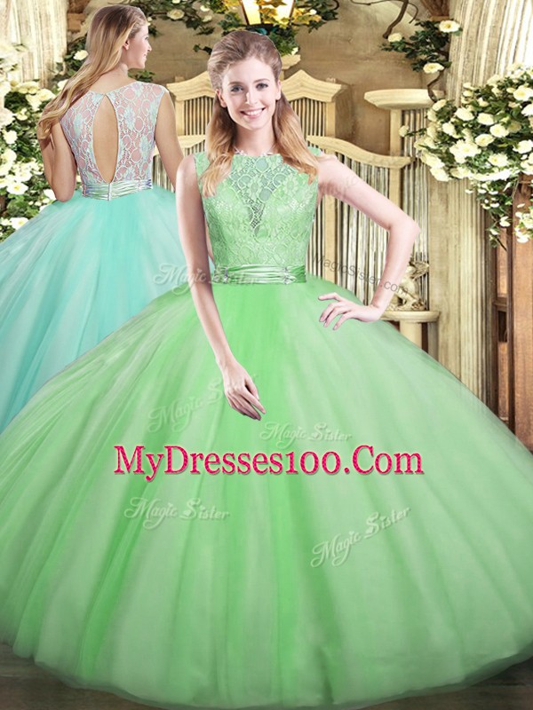 Nice Apple Green Sleeveless Lace Floor Length Quinceanera Gown