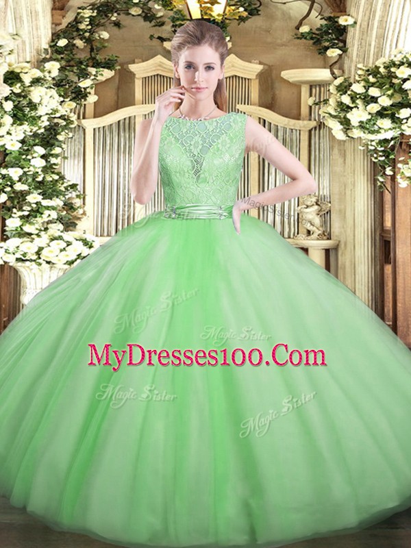 Nice Apple Green Sleeveless Lace Floor Length Quinceanera Gown