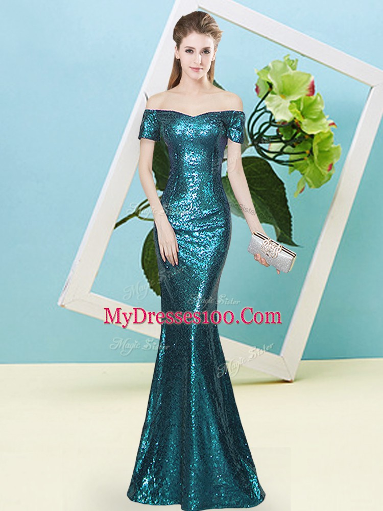 Teal Mermaid Sequins Evening Gowns Zipper Sequined Short Sleeves Floor Length