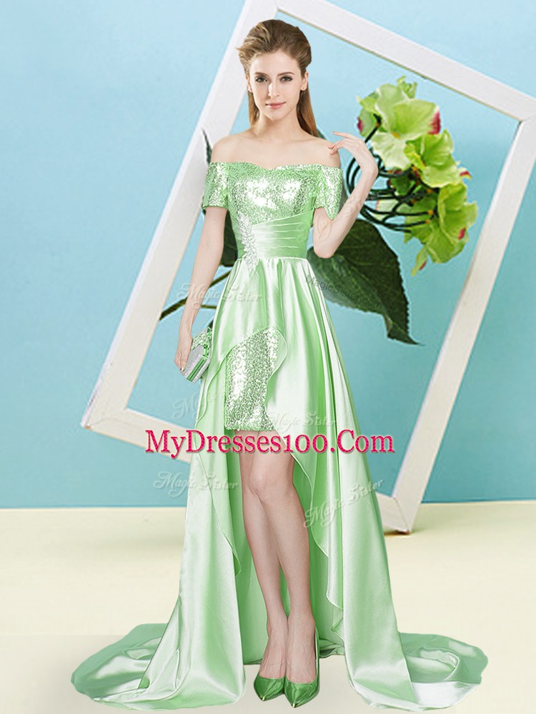 Fashion Empire Sequins Homecoming Dress Lace Up Elastic Woven Satin and Sequined Short Sleeves High Low