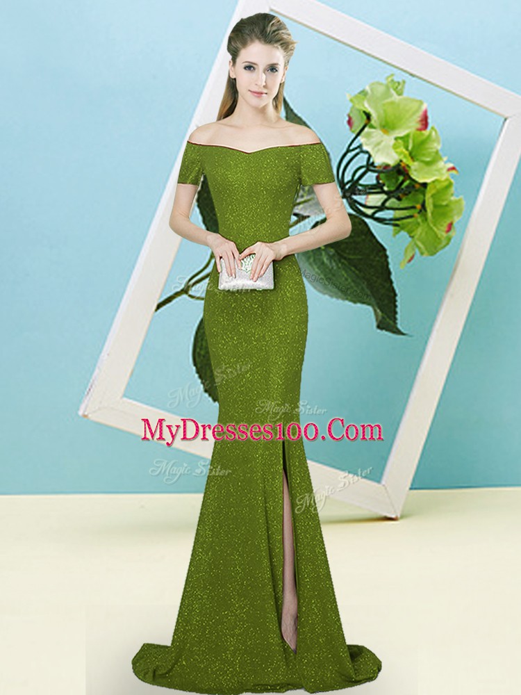 Best Selling Olive Green Short Sleeves Sequins Zipper Prom Gown