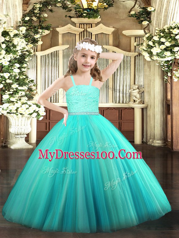 Attractive Turquoise Little Girl Pageant Dress Party and Quinceanera with Beading and Lace Straps Sleeveless Zipper