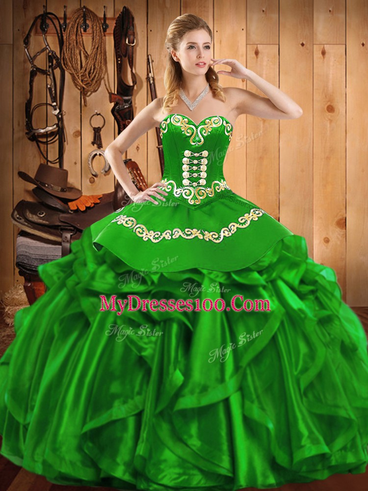 Super Green Sleeveless Organza Lace Up Sweet 16 Quinceanera Dress for Military Ball and Sweet 16 and Quinceanera