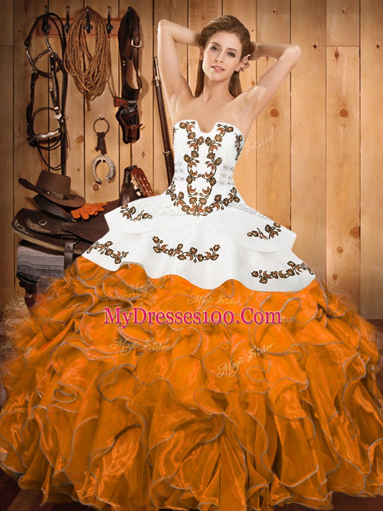 Ideal Sleeveless Floor Length Embroidery and Ruffles Lace Up Quinceanera Gowns with Orange