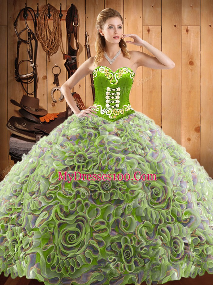 Dramatic Multi-color Satin and Fabric With Rolling Flowers Lace Up Sweetheart Sleeveless With Train Quinceanera Gowns Sweep Train Embroidery