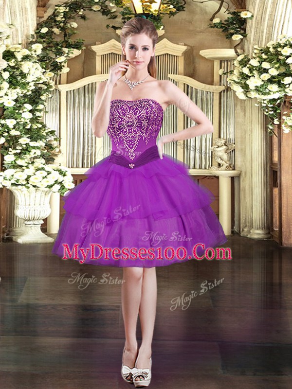 Most Popular Purple Lace Up Homecoming Dress Beading and Ruffled Layers Sleeveless Mini Length