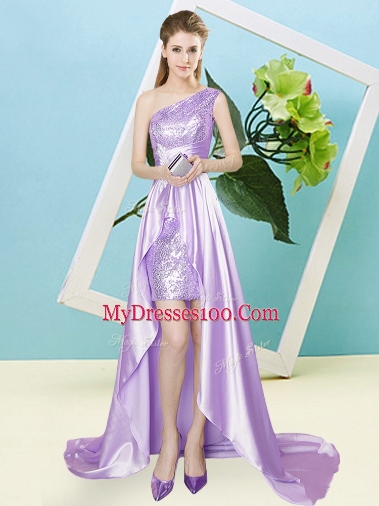 Edgy Lavender Empire Sequins Prom Gown Lace Up Elastic Woven Satin and Sequined Sleeveless High Low