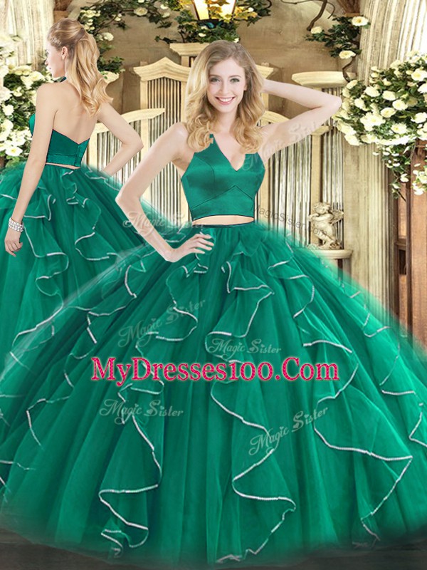 Suitable Halter Top Sleeveless Zipper Ball Gown Prom Dress Dark Green Organza