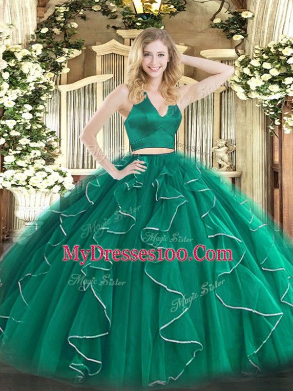 Suitable Halter Top Sleeveless Zipper Ball Gown Prom Dress Dark Green Organza