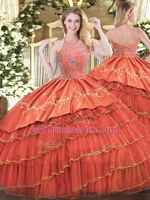 Glittering Floor Length Rust Red Sweet 16 Dress Satin and Organza Sleeveless Beading and Embroidery and Ruffles
