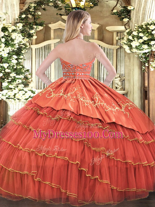 Glittering Floor Length Rust Red Sweet 16 Dress Satin and Organza Sleeveless Beading and Embroidery and Ruffles
