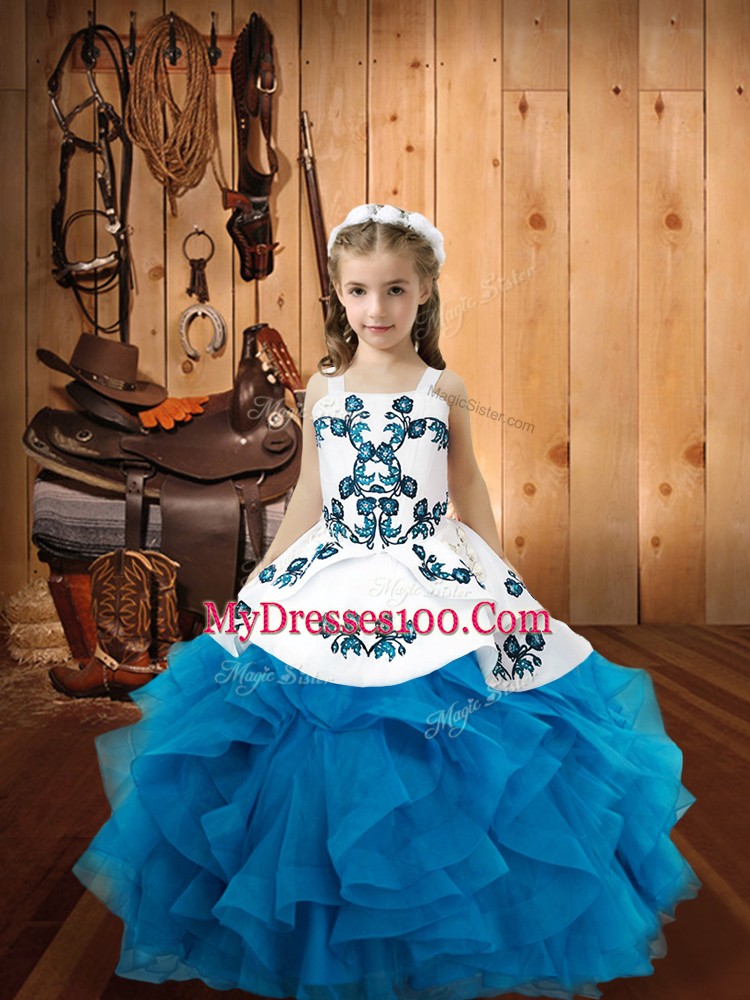 Ball Gowns Girls Pageant Dresses Baby Blue Straps Organza Sleeveless Floor Length Lace Up