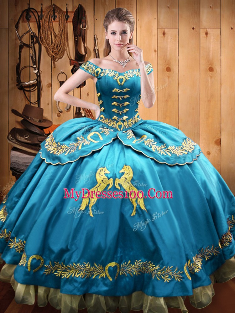Custom Design Baby Blue Sweet 16 Quinceanera Dress Sweet 16 and Quinceanera with Beading and Embroidery Off The Shoulder Sleeveless Lace Up