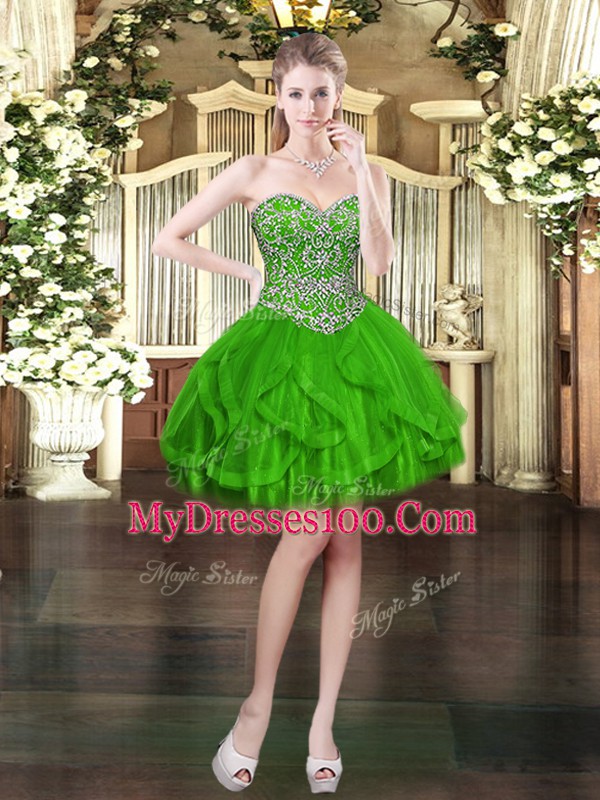 Colorful Mini Length Lace Up Hoco Dress Green for Prom and Party with Beading and Ruffles