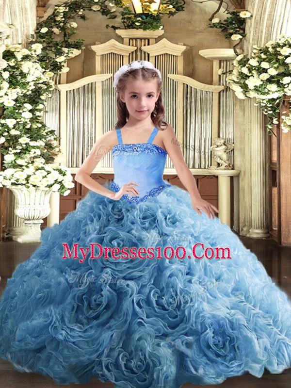 Classical Straps Sleeveless Fabric With Rolling Flowers Little Girl Pageant Gowns Appliques Lace Up