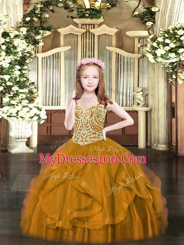 Brown Lace Up Pageant Dress for Teens Beading and Ruffles Sleeveless Floor Length