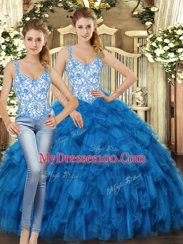 Fantastic Blue Lace Up Quinceanera Dresses Beading and Ruffles Sleeveless Floor Length