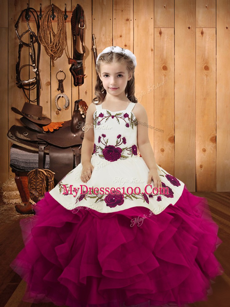 On Sale Tulle Sleeveless Floor Length Pageant Gowns For Girls and Embroidery and Ruffles