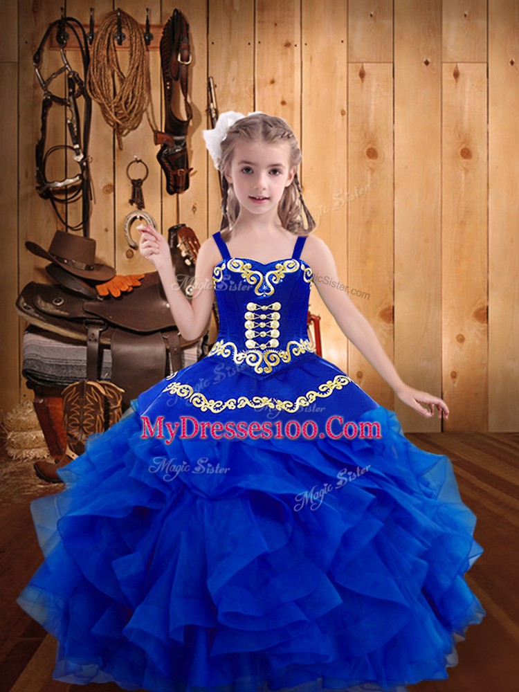 New Arrival Sleeveless Lace Up Floor Length Embroidery and Ruffles Little Girl Pageant Dress