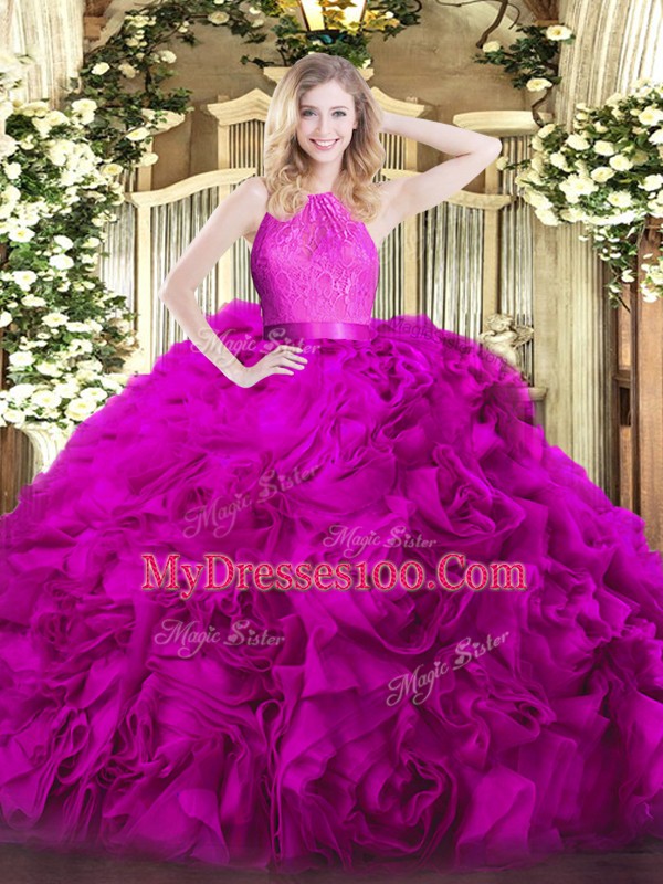 Fuchsia Sleeveless Floor Length Lace Zipper Vestidos de Quinceanera